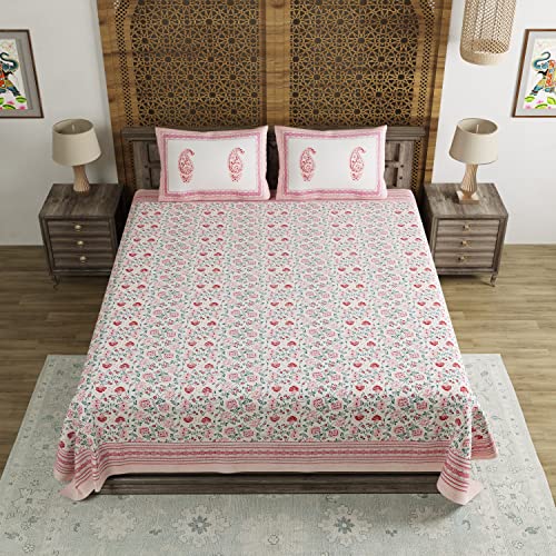 BLOCKS OF INDIA Hand Block Floral Printed 200 TC Cotton King Size Bedsheet (Pink Jaal, Pack of 1) - Image 2