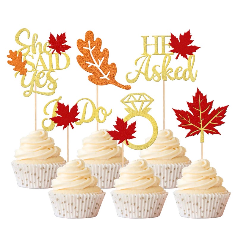 YCTHUNFISH 24 Pack He Asked She Said Yes Cupcake Toppers Glitter Love Heart I do Ring Fall Maple Leaves Bridal Shower Cake Food Picks Decorations for Wedding Engagement Theme Party Supplies  - Image 1