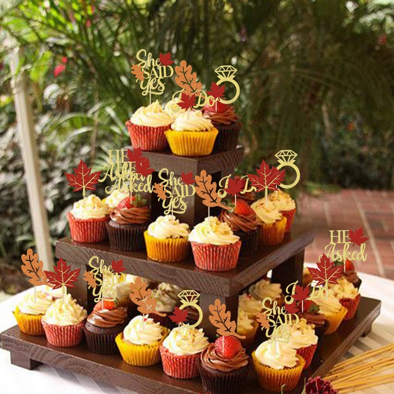 YCTHUNFISH 24 Pack He Asked She Said Yes Cupcake Toppers Glitter Love Heart I do Ring Fall Maple Leaves Bridal Shower Cake Food Picks Decorations for Wedding Engagement Theme Party Supplies  - Image 3