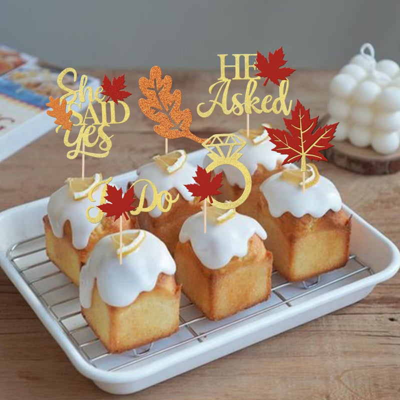 YCTHUNFISH 24 Pack He Asked She Said Yes Cupcake Toppers Glitter Love Heart I do Ring Fall Maple Leaves Bridal Shower Cake Food Picks Decorations for Wedding Engagement Theme Party Supplies  - Image 5