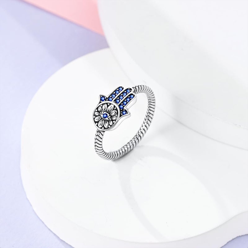 Hapour 925 Sterling Silver Ring for Women, Hamsa Evil Eye Ring with CZ Stones Hand of Fatima Eternity Rings Unique Statement Band Size 9 - Image 5