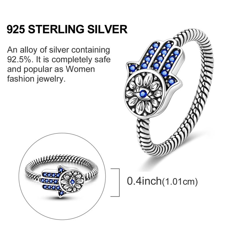 Hapour 925 Sterling Silver Ring for Women, Hamsa Evil Eye Ring with CZ Stones Hand of Fatima Eternity Rings Unique Statement Band Size 9 - Image 2