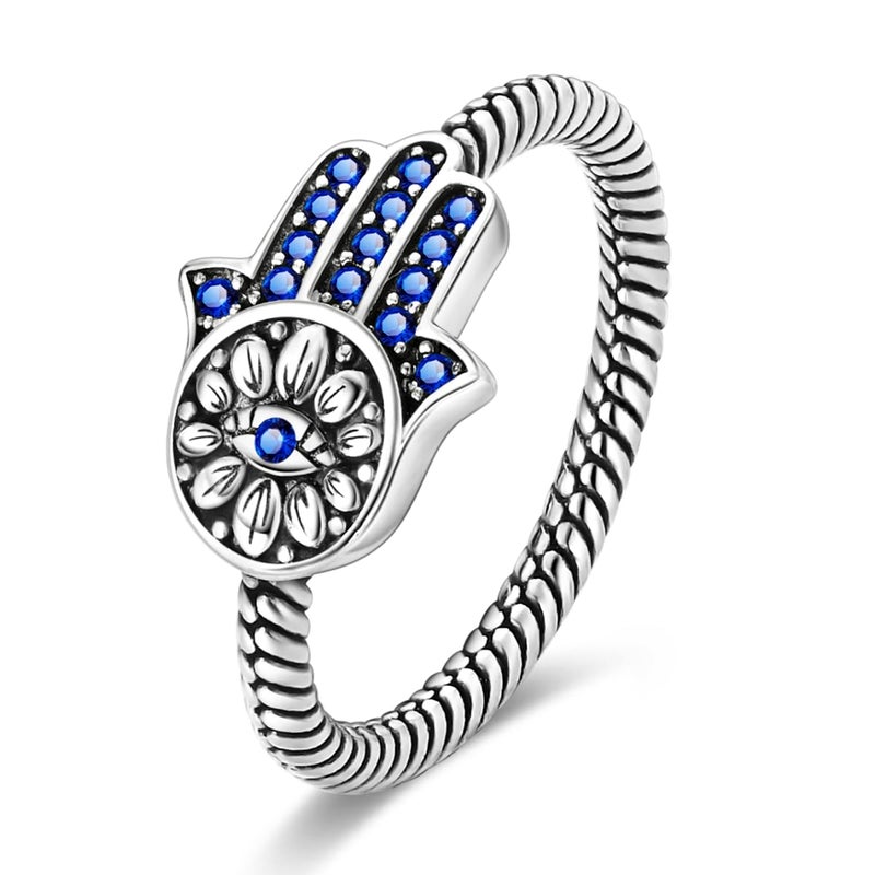 Hapour 925 Sterling Silver Ring for Women, Hamsa Evil Eye Ring with CZ Stones Hand of Fatima Eternity Rings Unique Statement Band Size 9 - Image 1