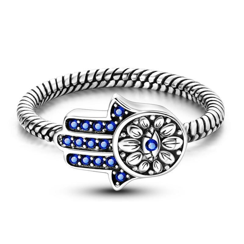 Hapour 925 Sterling Silver Ring for Women, Hamsa Evil Eye Ring with CZ Stones Hand of Fatima Eternity Rings Unique Statement Band Size 9 - Image 4