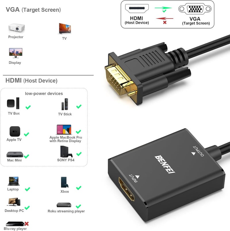 Benfei HDMI to VGA, Uni-Directional HDMI Computer to VGA Monitor Adapter (Female to Male) with 3.5mm Audio Jack Compatible with TV Stick, Computer, Desktop, Laptop, PC, Monitor, Projector, Roku, Xbox - Image 5