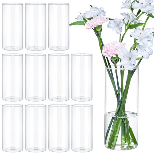 TBWIND 12Pcs Glass Cylinder Vases 8 Inch Tall Clear Flower Vases for Centerpieces Wedding Decoration Hurricane Floating Candle Holder for Party Table Home Decor