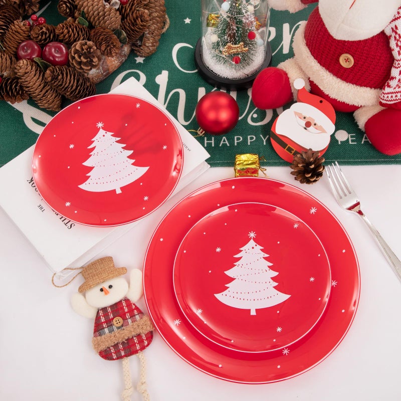 WDF 50 Pieces Plastic Christmas Plates - Red and White Plastic Plates with Christmas Tree include 25 Dinner Plates  25 Salad Plates - Red White Party Plastic Plates for Christmas  Winter - Image 1