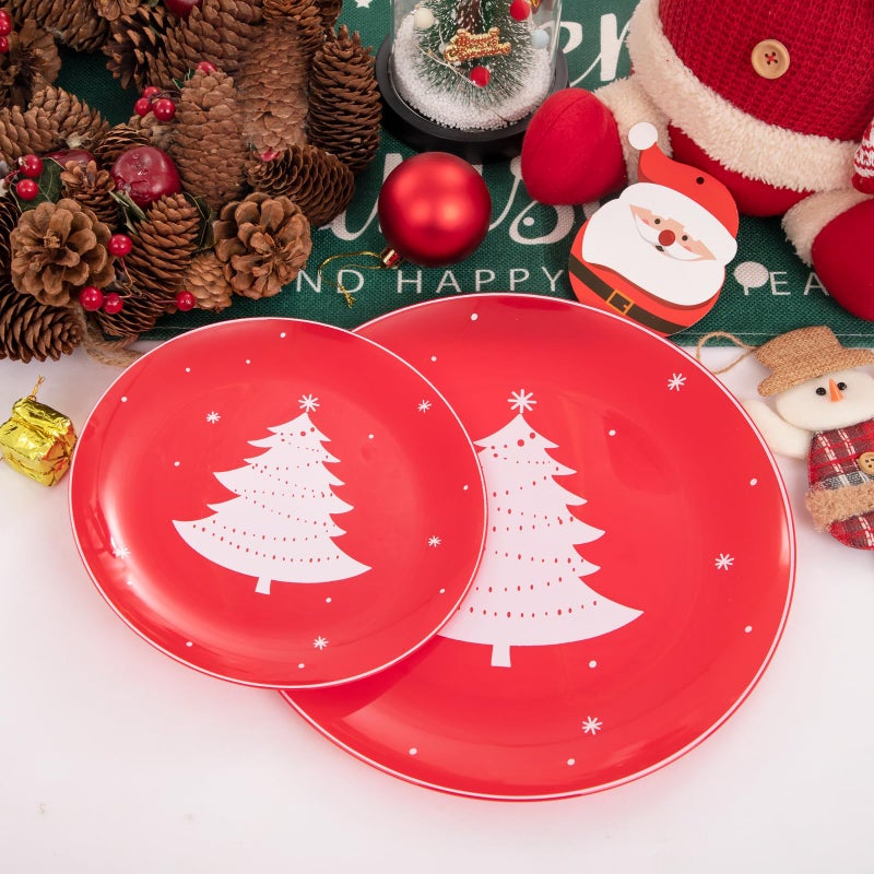 WDF 50 Pieces Plastic Christmas Plates - Red and White Plastic Plates with Christmas Tree include 25 Dinner Plates  25 Salad Plates - Red White Party Plastic Plates for Christmas  Winter - Image 3