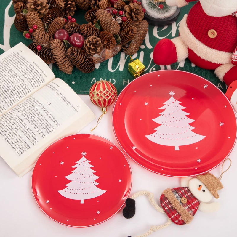 WDF 50 Pieces Plastic Christmas Plates - Red and White Plastic Plates with Christmas Tree include 25 Dinner Plates  25 Salad Plates - Red White Party Plastic Plates for Christmas  Winter - Image 4