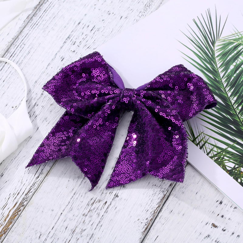 ZOLYCO Large Glitter Cheer Bows Clips, Jumbo Big 7 Inch Cheerleading Sequin Hair Bow Hair Accessories for Teens Girls Football Sports Cheerleader Outfit Uniform (Dark Purple) - Image 3