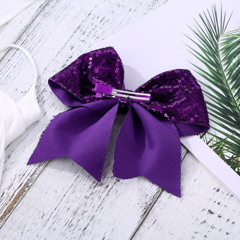 ZOLYCO Large Glitter Cheer Bows Clips, Jumbo Big 7 Inch Cheerleading Sequin Hair Bow Hair Accessories for Teens Girls Football Sports Cheerleader Outfit Uniform (Dark Purple) - Image 4