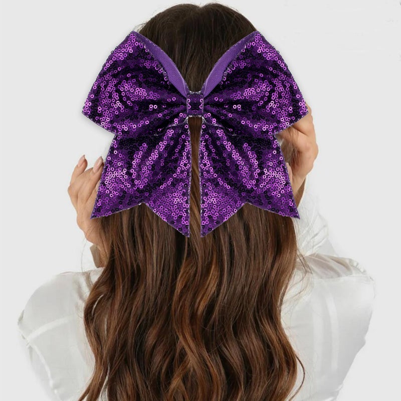 ZOLYCO Large Glitter Cheer Bows Clips, Jumbo Big 7 Inch Cheerleading Sequin Hair Bow Hair Accessories for Teens Girls Football Sports Cheerleader Outfit Uniform (Dark Purple) - Image 5