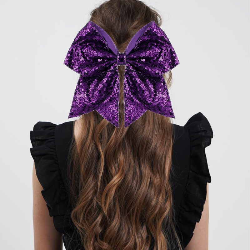 ZOLYCO Large Glitter Cheer Bows Clips, Jumbo Big 7 Inch Cheerleading Sequin Hair Bow Hair Accessories for Teens Girls Football Sports Cheerleader Outfit Uniform (Dark Purple) - Image 2