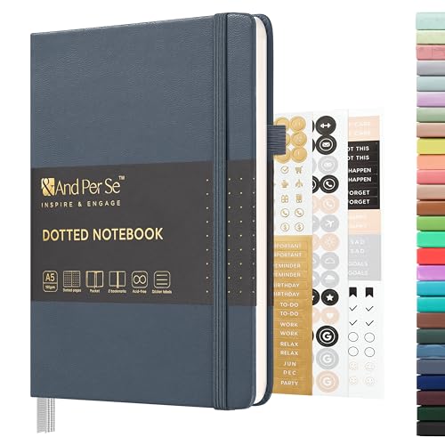 &And Per Se ⩓ Per Se Dotted Journal Notebook, A5 Hardcover Leather Dotted Journal, 160 Pages 100gsm Thick Dot Grid Paper, 3 Sheets of Stickers Included - 5.7'' x 8'' (Dark Blue) - Image 1