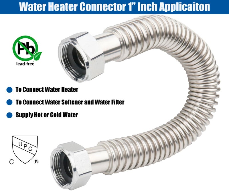 WHK 2 Pack 24-Inch Water Heater 1" Flexable Hose Pipe Connector Supply Line 1" Inch FIP x 1" Inch to Connect Water Heater,Water Softener,Water Filter (Stainless Steel) - Image 5