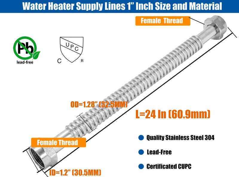 WHK 2 Pack 24-Inch Water Heater 1" Flexable Hose Pipe Connector Supply Line 1" Inch FIP x 1" Inch to Connect Water Heater,Water Softener,Water Filter (Stainless Steel) - Image 2