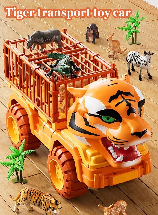 16-piece Tiger Transporter playset Large construction truck toy Children's trailer toys Truck playset Engineering truck toys Inertial drive Artificial animals Birthday present Toys for boys  - Image 1