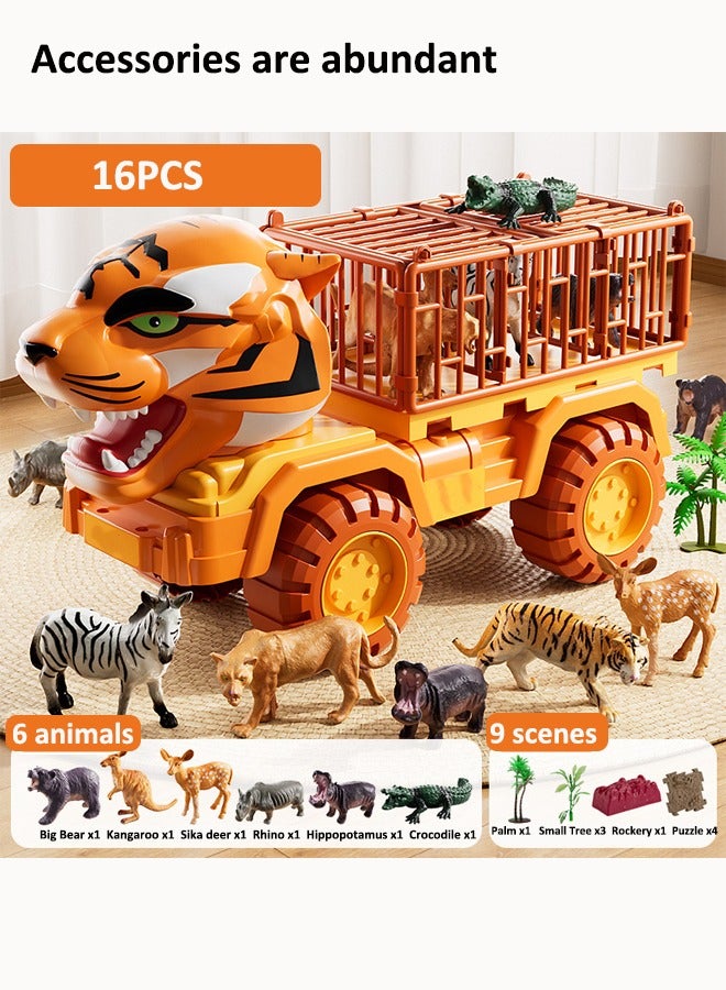 16-piece Tiger Transporter playset Large construction truck toy Children's trailer toys Truck playset Engineering truck toys Inertial drive Artificial animals Birthday present Toys for boys  - Image 3