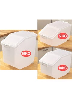 Premify Rice Storage Containers 3 Pieces Set (5Kg, 10Kg, 15Kg) - Food Storage Container With Lid, Bpa Free Plastic Large Cereal Sotrage Box, Kitchen Multifunctional Container With Measuring Cup  - Image 2