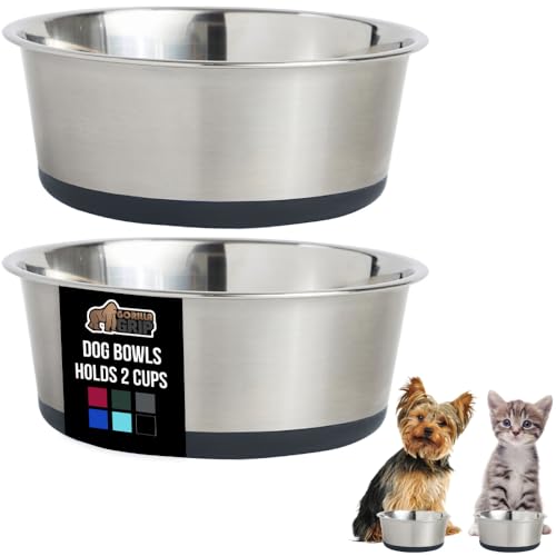 GORILLA GRIP Set of 2 Dog Bowls, Heavy Duty Metal Food and Water Bowl for Feeding Dogs and Cats, Dishwasher Safe, Rust Resistant Stainless Steel, BPA Free Rubber Base, Holds 2 Cups (16 fl oz), Gray - Image 1