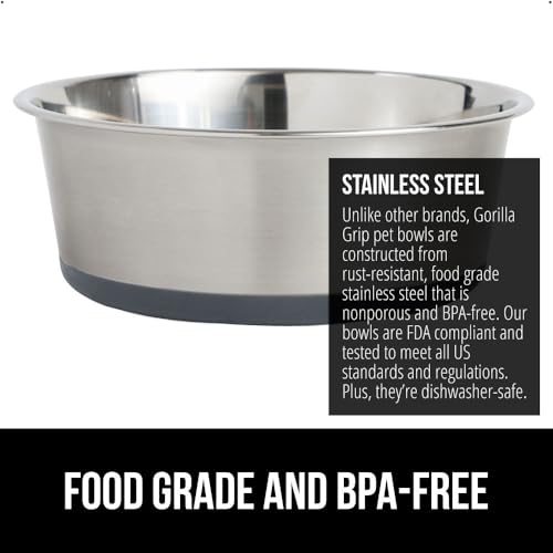 GORILLA GRIP Set of 2 Dog Bowls, Heavy Duty Metal Food and Water Bowl for Feeding Dogs and Cats, Dishwasher Safe, Rust Resistant Stainless Steel, BPA Free Rubber Base, Holds 2 Cups (16 fl oz), Gray - Image 4