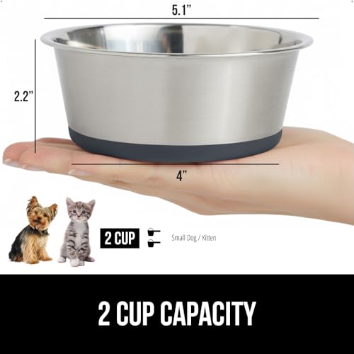 GORILLA GRIP Set of 2 Dog Bowls, Heavy Duty Metal Food and Water Bowl for Feeding Dogs and Cats, Dishwasher Safe, Rust Resistant Stainless Steel, BPA Free Rubber Base, Holds 2 Cups (16 fl oz), Gray - Image 2
