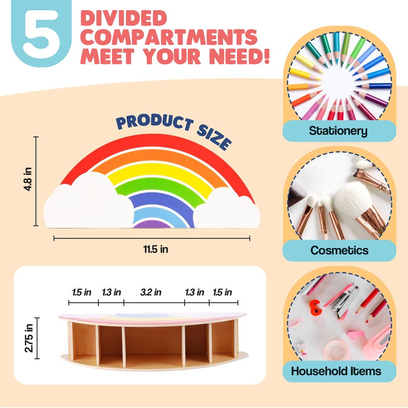 GAMENOTE Rainbow Wooden Desk Organizer Natural Wood No Smell Childfriendly Cute Pen Pencil Holder Caddy for Office Supplies Classroom for Art Supply Makeup Brush Storage for Kids Present - Image 2