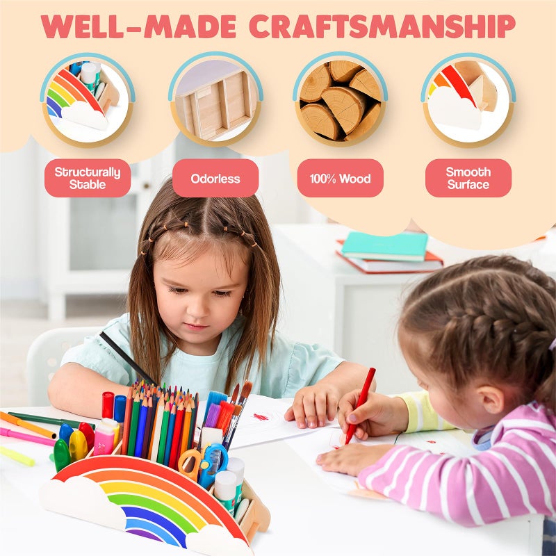 GAMENOTE Rainbow Wooden Desk Organizer Natural Wood No Smell Childfriendly Cute Pen Pencil Holder Caddy for Office Supplies Classroom for Art Supply Makeup Brush Storage for Kids Present - Image 3