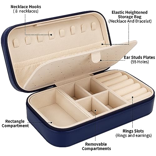 DesignSter Travel Jewelry Box, PU Leather Portable Jewelry Case, Small Jewelry Boxes for Gifts, Travel Jewelry Organizer for Women Rings Earrings Necklaces Bracelets (Dark Blue) - Image 2