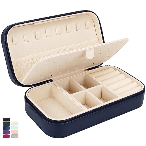 DesignSter Travel Jewelry Box, PU Leather Portable Jewelry Case, Small Jewelry Boxes for Gifts, Travel Jewelry Organizer for Women Rings Earrings Necklaces Bracelets (Dark Blue) - Image 1