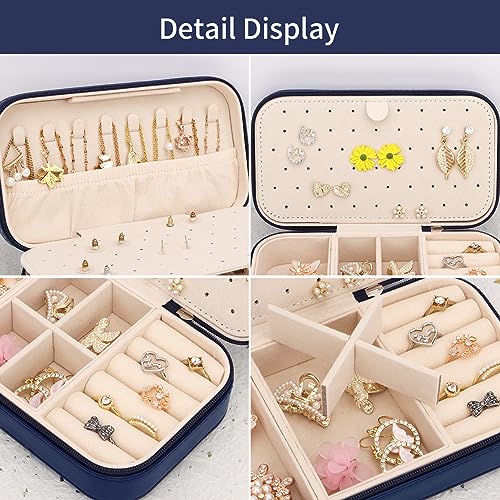 DesignSter Travel Jewelry Box, PU Leather Portable Jewelry Case, Small Jewelry Boxes for Gifts, Travel Jewelry Organizer for Women Rings Earrings Necklaces Bracelets (Dark Blue) - Image 3