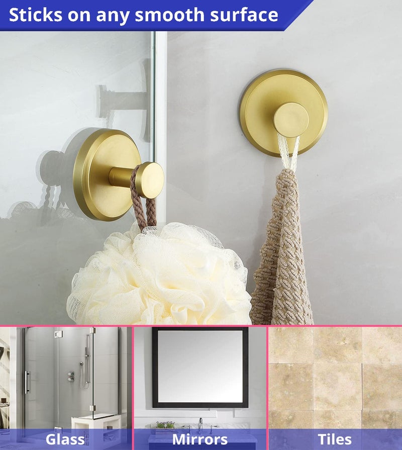 HOME SO Suction Cup Hooks for Shower  Bathroom  Kitchen  Glass Door  Mirror  Tile - Loofah  Towel  Coat  Bath Robe Hook Holder for Hanging up to 15 lbs - Waterproof  Matte Brushed Satin Gold (2-Pack) - Image 3
