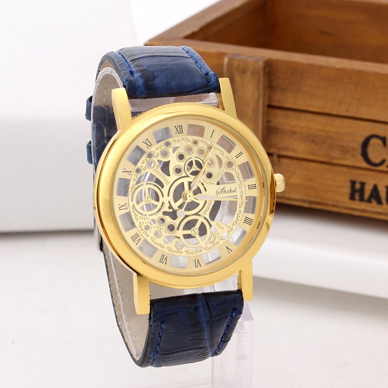 Factory in stock wholesale casual Korean non-mechanical watch mens quartz watch double-sided perspective hollow watch mens blue gold plate strap 