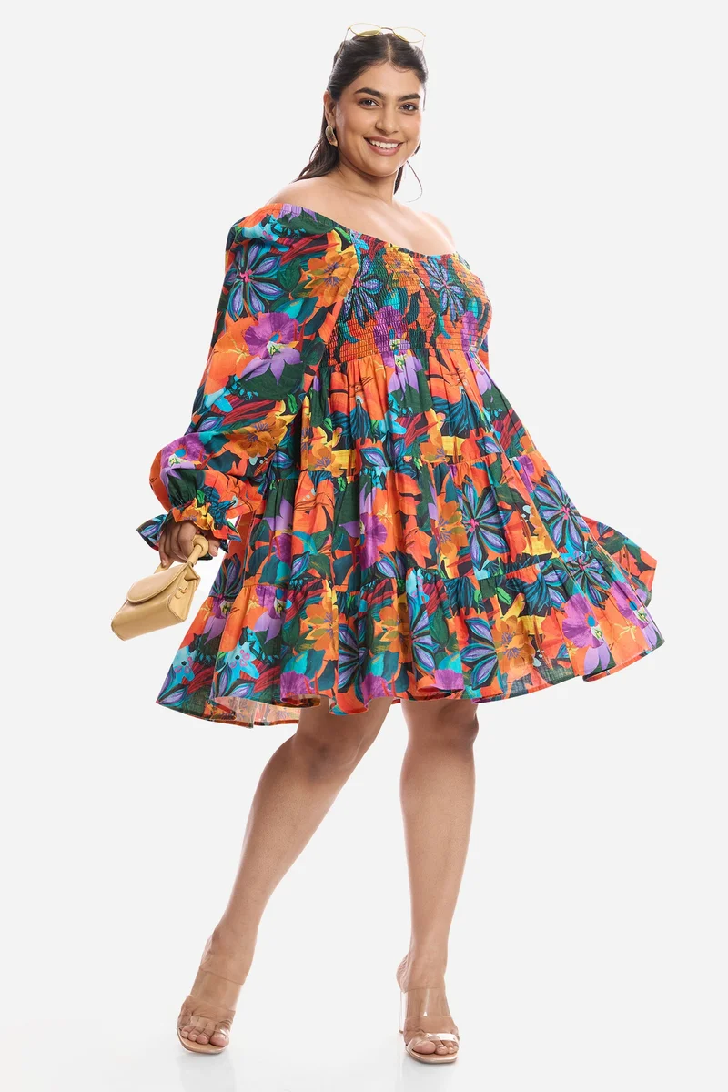 Virgio Floral Viscose Mini Plus Size Dress With Volume Sleeves for Women