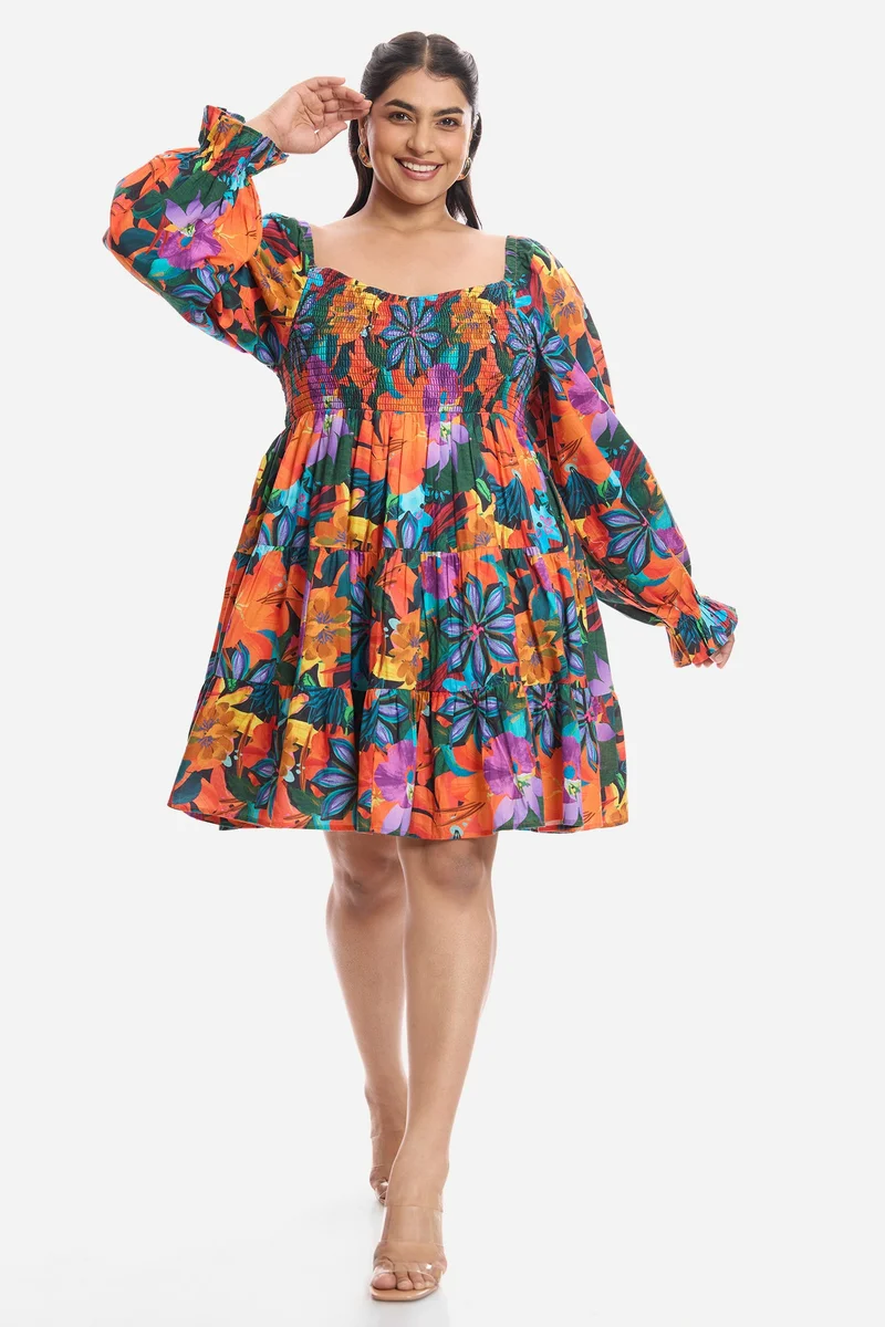 Virgio Floral Viscose Mini Plus Size Dress With Volume Sleeves for Women