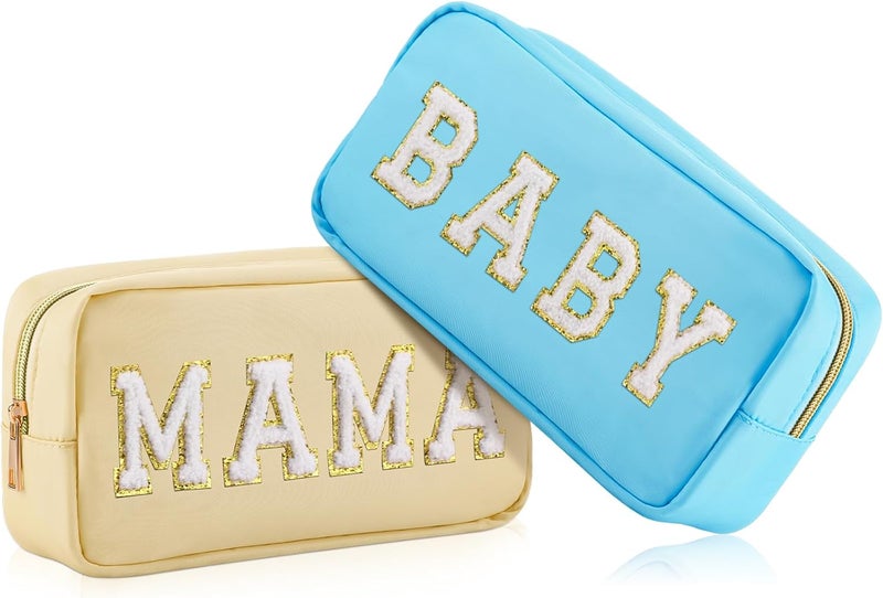 Sanwuta 2 Pieces Nylon Cosmetic Bag Chenille Letter Makeup Bag Pouch Zipper Travel Toiletries Pouch Preppy Patch Cosmetic Travel Toiletry Organizer for Women and Girls(Blue, Beige,Baby and Mama)