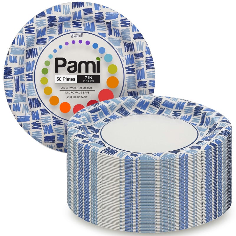 PAMI HeavyDuty Disposable Small Round Paper Dishes  MicrowaveSafe Oil Water  Cut Resistant 7 Inch Plate 50 Blue