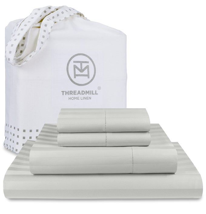 500 THREAD COUNT KING SIZE DAMASK STRIPE 4 PC LUXURY COTTON BED SHEET SET SILKY SOFT LIGHT GREY SHEETS WITH 16 ELASTICIZED DEEP POCKET 2 PILLOWCASES FREE TOTE BAG