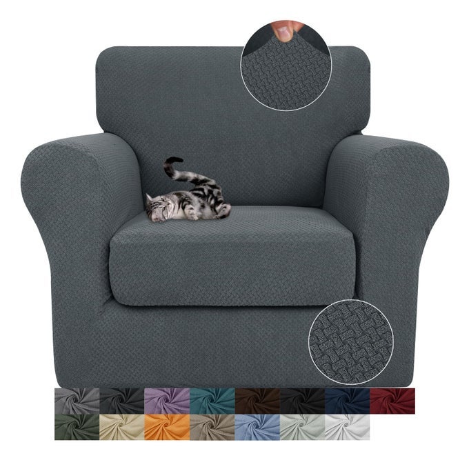 2 PIECES ARMCHAIR COVERS FOR LIVING ROOM STRETCH CHAIR SLIPCOVERS WITH 1 SEAT CUSHION COVERS THICK FITTED COUCH COVER FOR PET DOGS FURNITURE PROTECTOR CHAIR DARK GRAY
