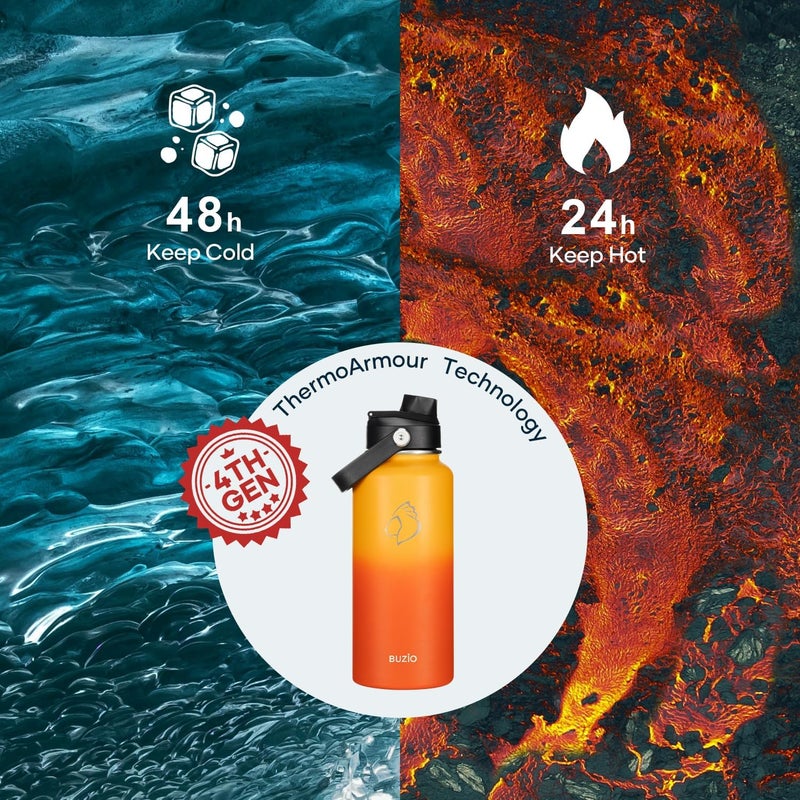 BUZIO 32oz Insulated Water Bottle, Triple Wall Vacuum Stainless Steel Water Flask with Straw Lid, BPA-Free Leakproof Sports Canteen for Sports Hiking, Cold 48H & Hot 24H- Yellow Orange - Image 2