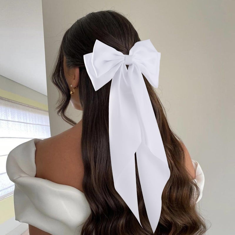 hisial 6Pcs Large Bows Hair Clips for Women Girls Long Tail Hair Ribbon Silky Satin Barrettes Coquette Bows Accessories (White) - Image 3