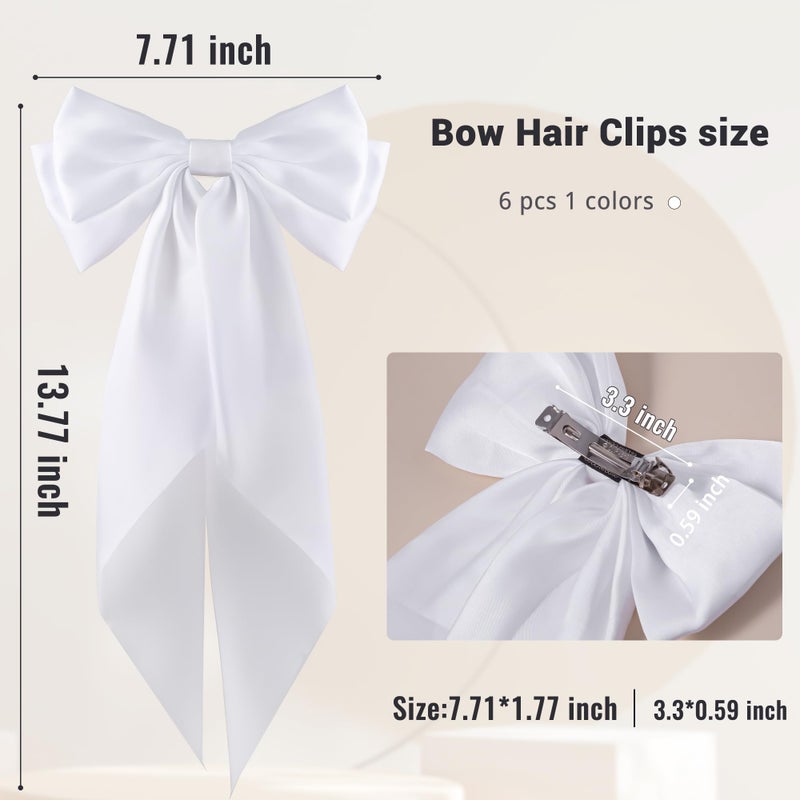 hisial 6Pcs Large Bows Hair Clips for Women Girls Long Tail Hair Ribbon Silky Satin Barrettes Coquette Bows Accessories (White) - Image 2