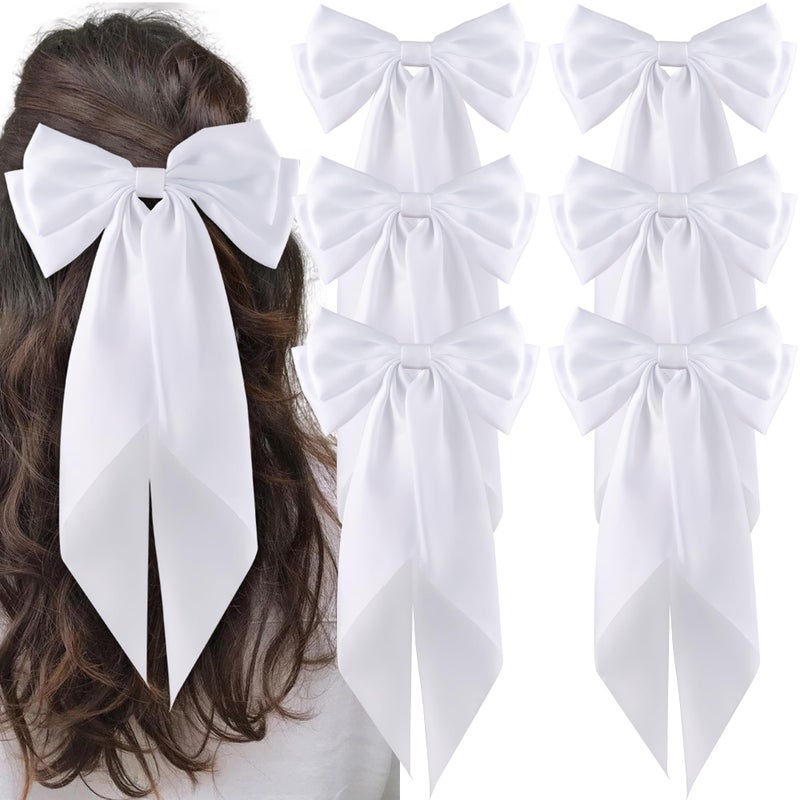 hisial 6Pcs Large Bows Hair Clips for Women Girls Long Tail Hair Ribbon Silky Satin Barrettes Coquette Bows Accessories (White) - Image 1