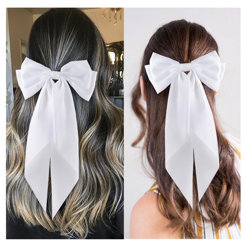 hisial 6Pcs Large Bows Hair Clips for Women Girls Long Tail Hair Ribbon Silky Satin Barrettes Coquette Bows Accessories (White) - Image 4