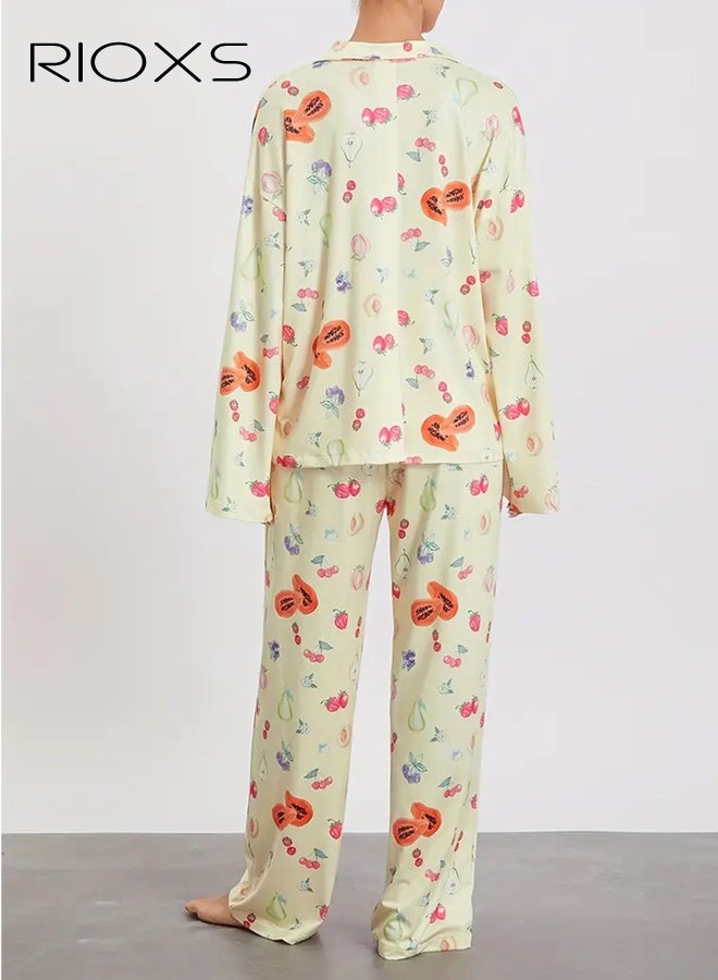RIOXS Women's Pajama Set, Long Sleeve Button-Down Shirt and Floral Print Wide-Leg Pants, Soft Loungewear with Collar, Elegant Sleepwear for Women, Home Outfit with Fruit Patterns - Image 5