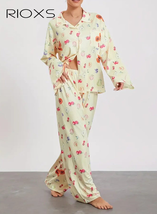 RIOXS Women's Pajama Set, Long Sleeve Button-Down Shirt and Floral Print Wide-Leg Pants, Soft Loungewear with Collar, Elegant Sleepwear for Women, Home Outfit with Fruit Patterns - Image 2
