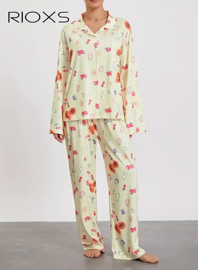 RIOXS Women's Pajama Set, Long Sleeve Button-Down Shirt and Floral Print Wide-Leg Pants, Soft Loungewear with Collar, Elegant Sleepwear for Women, Home Outfit with Fruit Patterns - Image 1