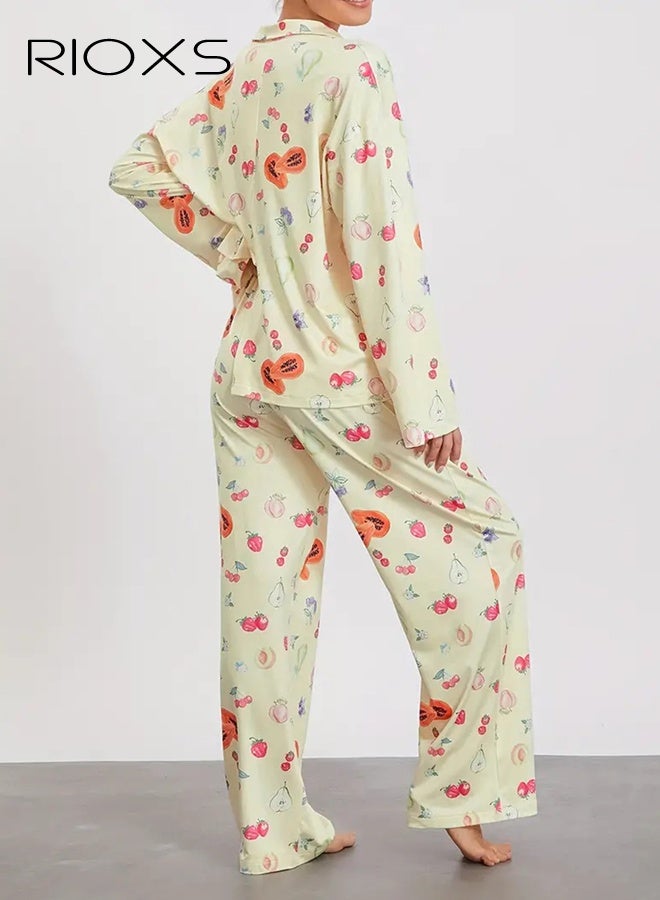 RIOXS Women's Pajama Set, Long Sleeve Button-Down Shirt and Floral Print Wide-Leg Pants, Soft Loungewear with Collar, Elegant Sleepwear for Women, Home Outfit with Fruit Patterns - Image 4