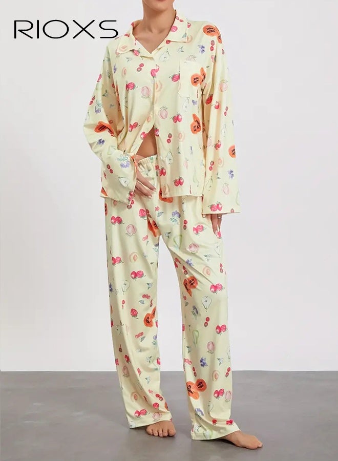 RIOXS Women's Pajama Set, Long Sleeve Button-Down Shirt and Floral Print Wide-Leg Pants, Soft Loungewear with Collar, Elegant Sleepwear for Women, Home Outfit with Fruit Patterns - Image 3