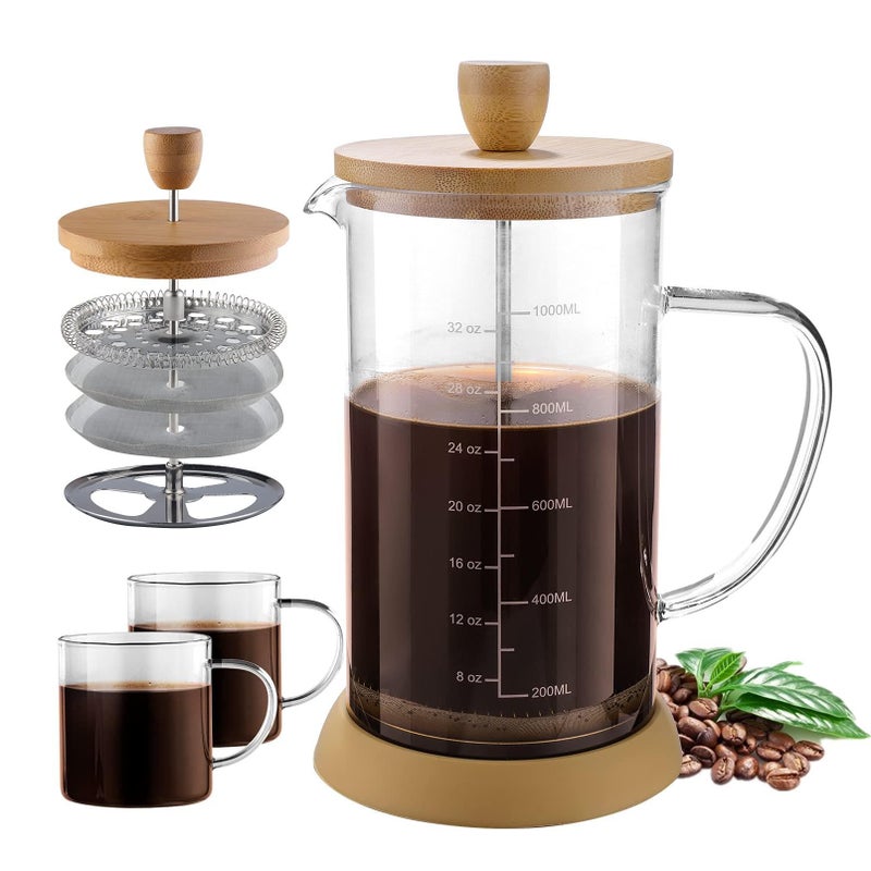 Cold Brewing, Multifunctional Glass French Press Coffee Maker with Bamboo Lid, Thick Borosilicate Glass, Stainless Steel Fine Filter Excellent for Strong Coffee, Aromatic Tea, Brewing Drinks - Image 1